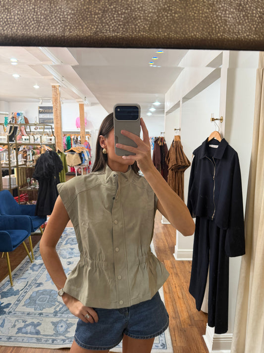Entro zip/button up leather blouse