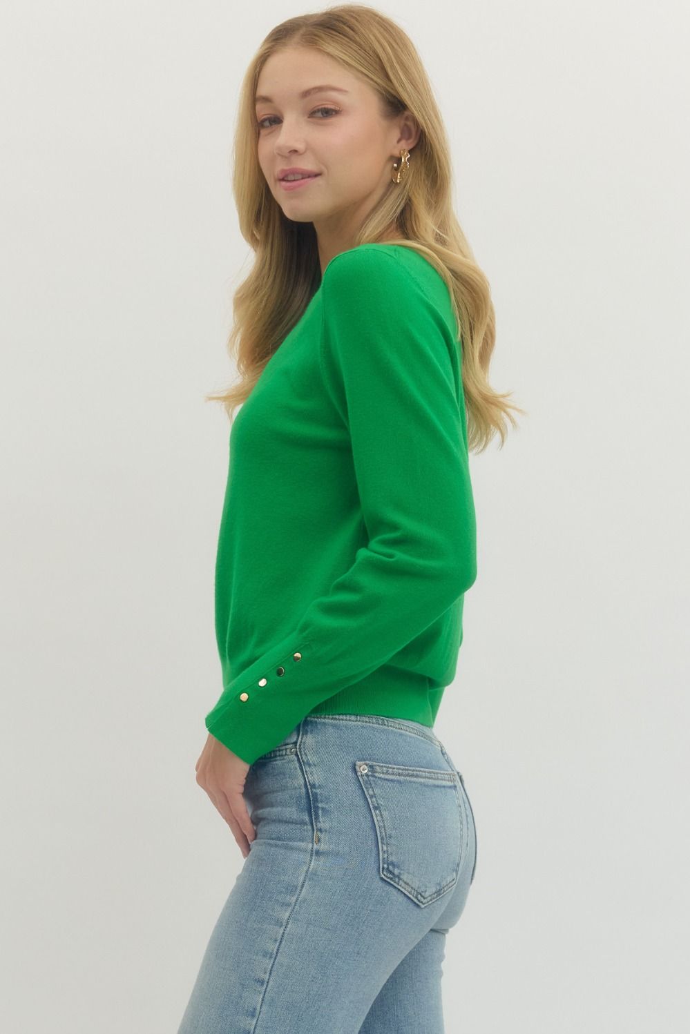 Solid Round Neck Long Sleeve Top Featuring Button Detail At Cuffs.