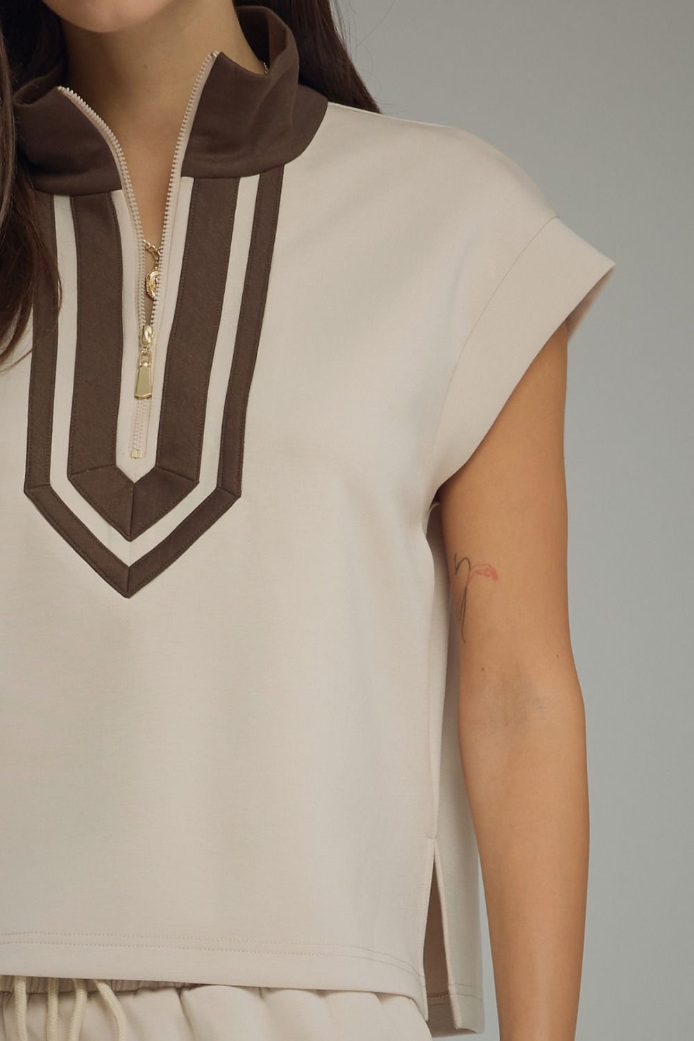 Solid Cap Sleeve Top Featuring Contrast Trim Detail At Front