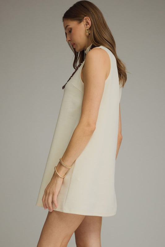 Solid Sleeveless Mini Dress Featuring Self-tie Neck Scarf Detail.