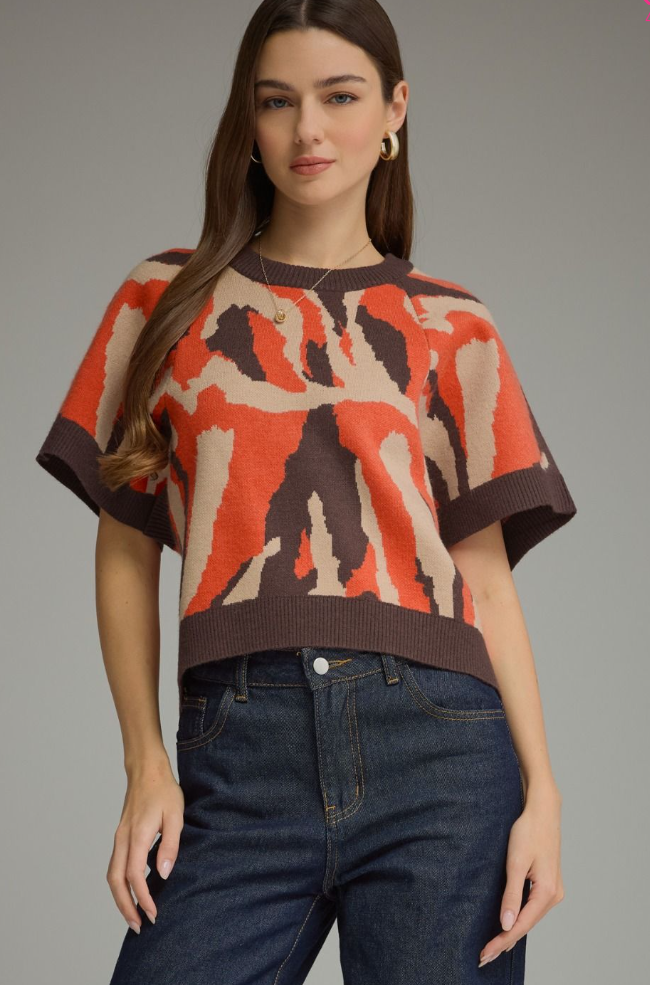 Abstract Short Sleeve Sweater