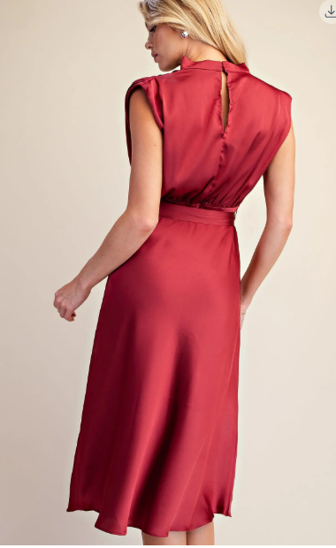 Waist Tie Sleeveless Midi Dress with Cowl Neck
