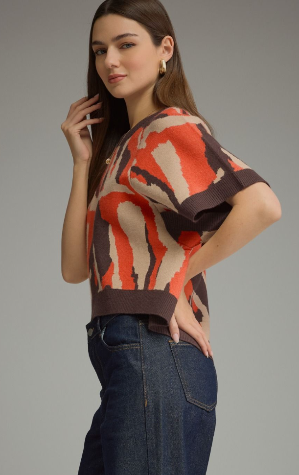 Abstract Short Sleeve Sweater