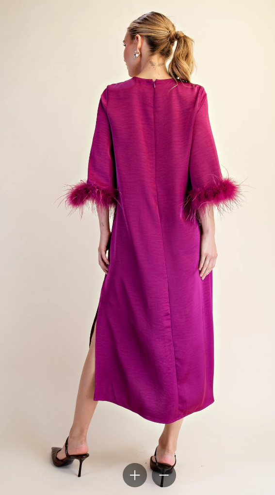 Feather Trim Evening Midi Dress