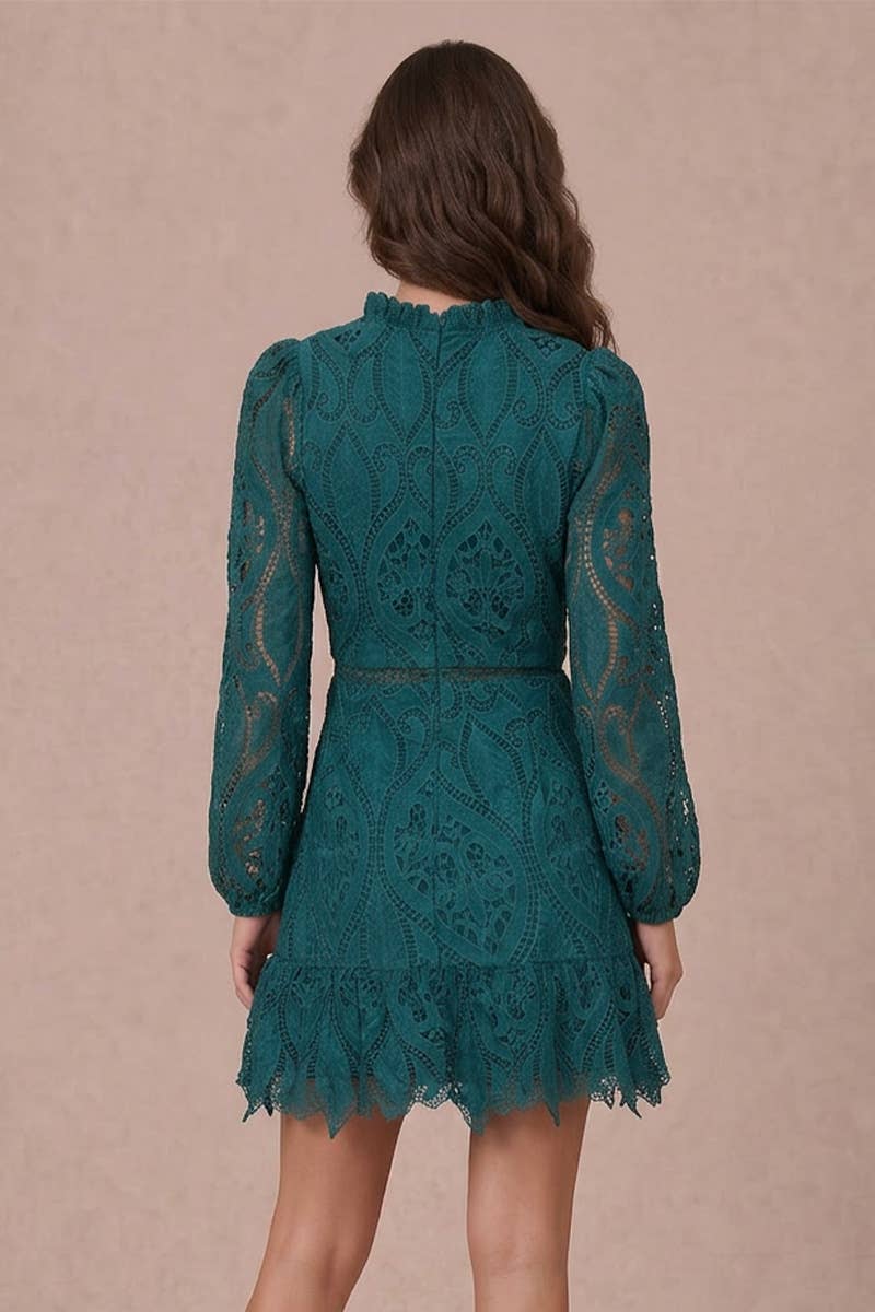 Lace Scallop Hem Puff Long Sleeve Mini Dress
