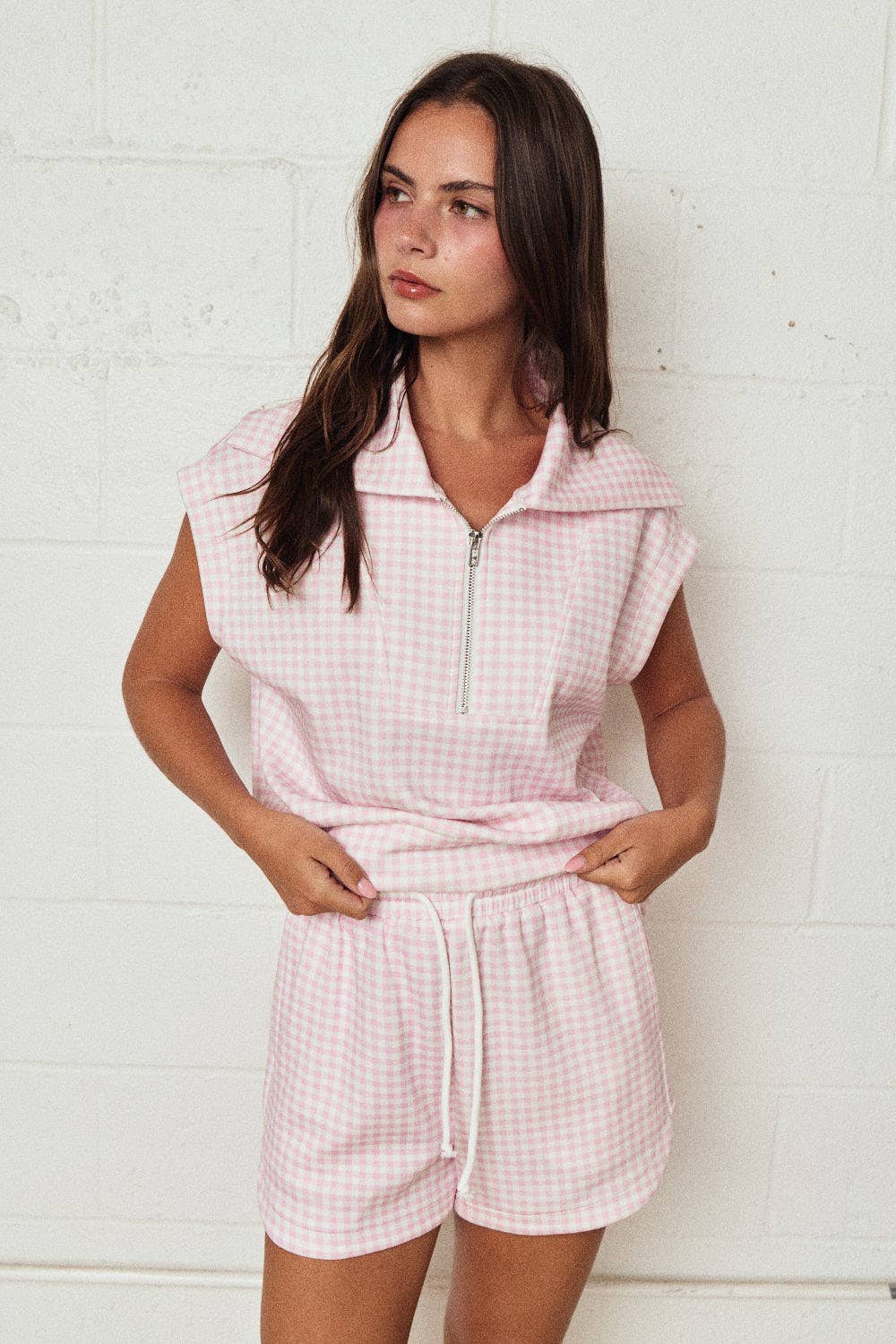 PX17846-3 - Gingham Zip Up Top Short Set