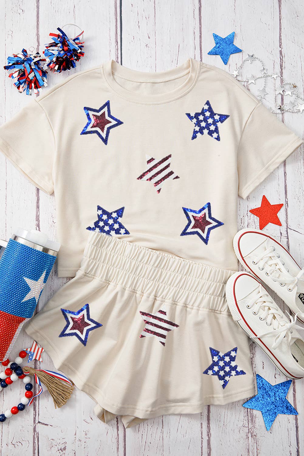 LDC Sequin Patriotic Star Cropped Tee Skort 2pcs Set