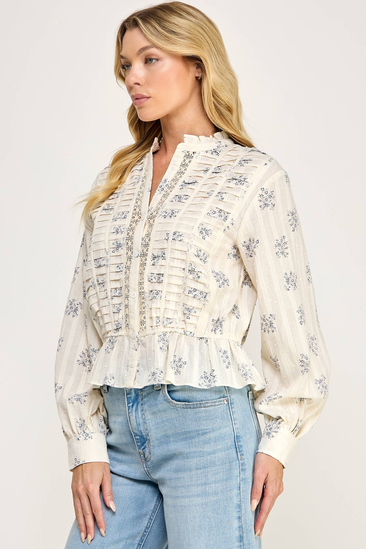 TT-10939-6 DITSY FLORAL LONG SLEEVE BLOUSE-IVORY BLUE