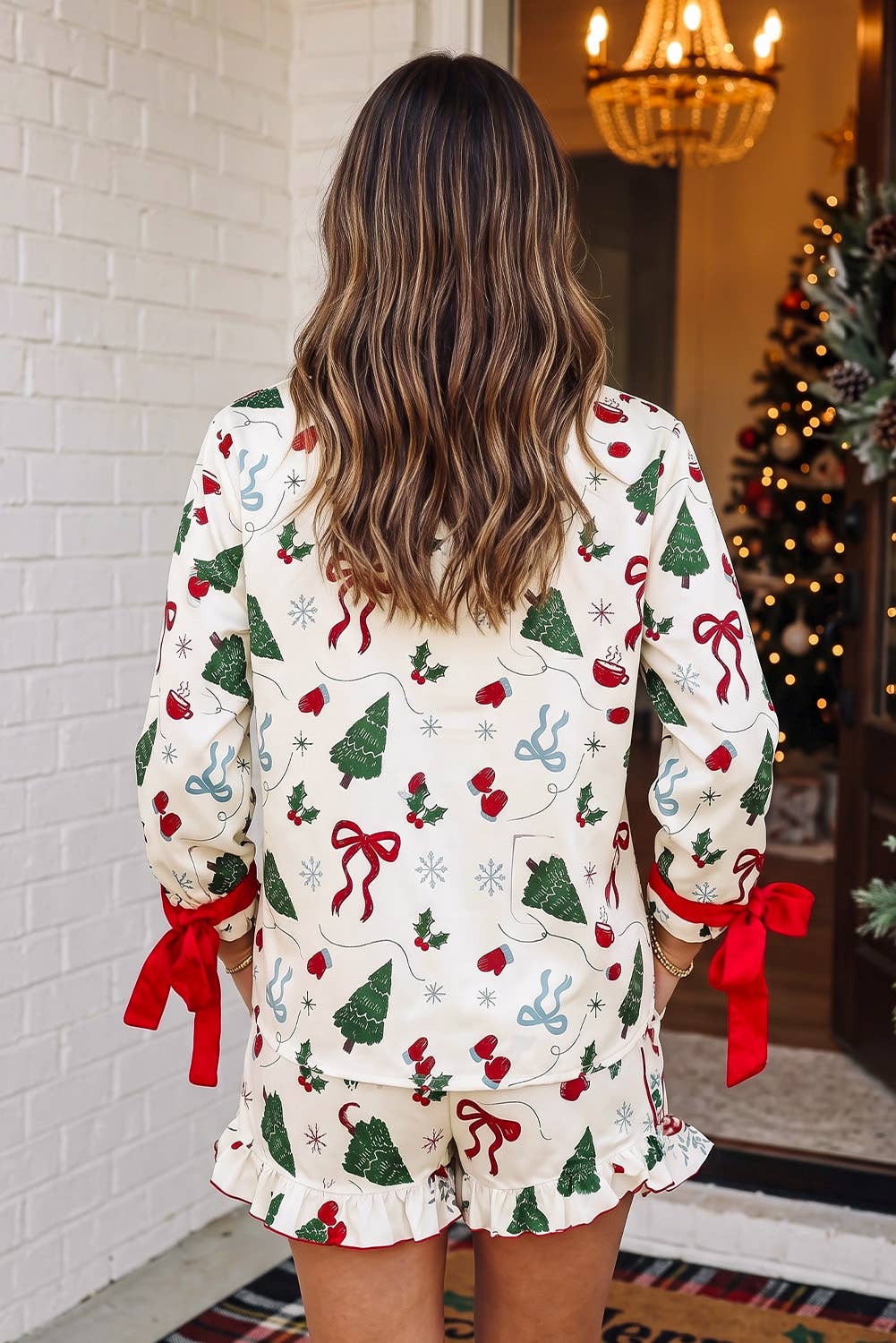 LAS Christmas Print Ruffle Cuff 2pcs Lounge Set (S-XL)