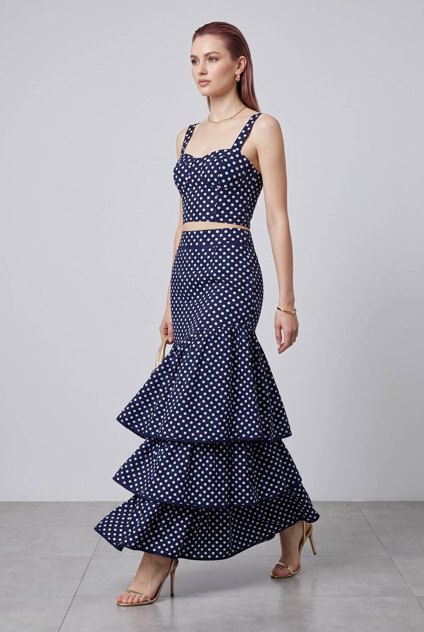 Dot Printed Crop Top & Tiered Maxi Skirt Set
