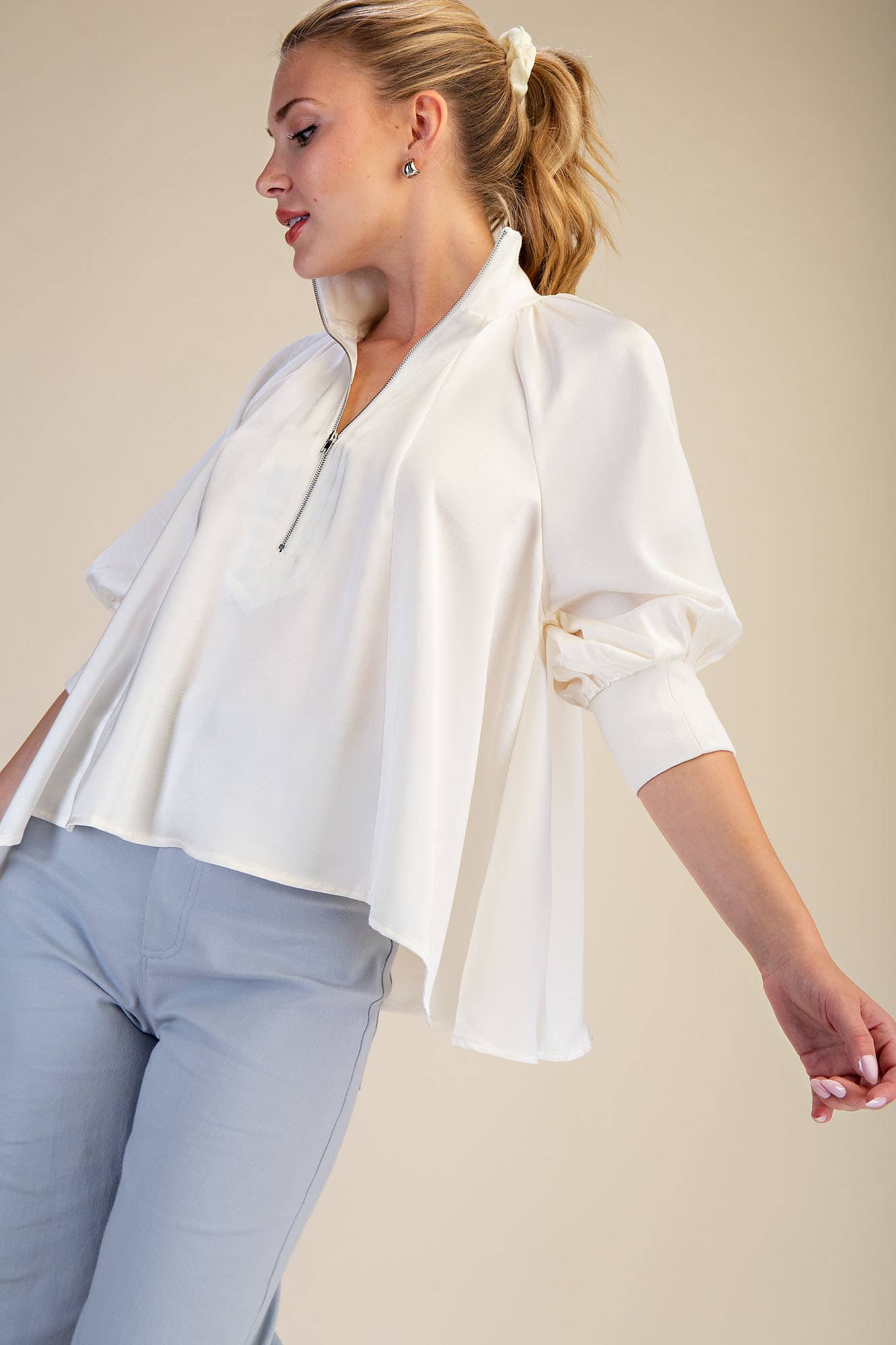 Mock Neck Band Puff Sleeve Elegance Blouse