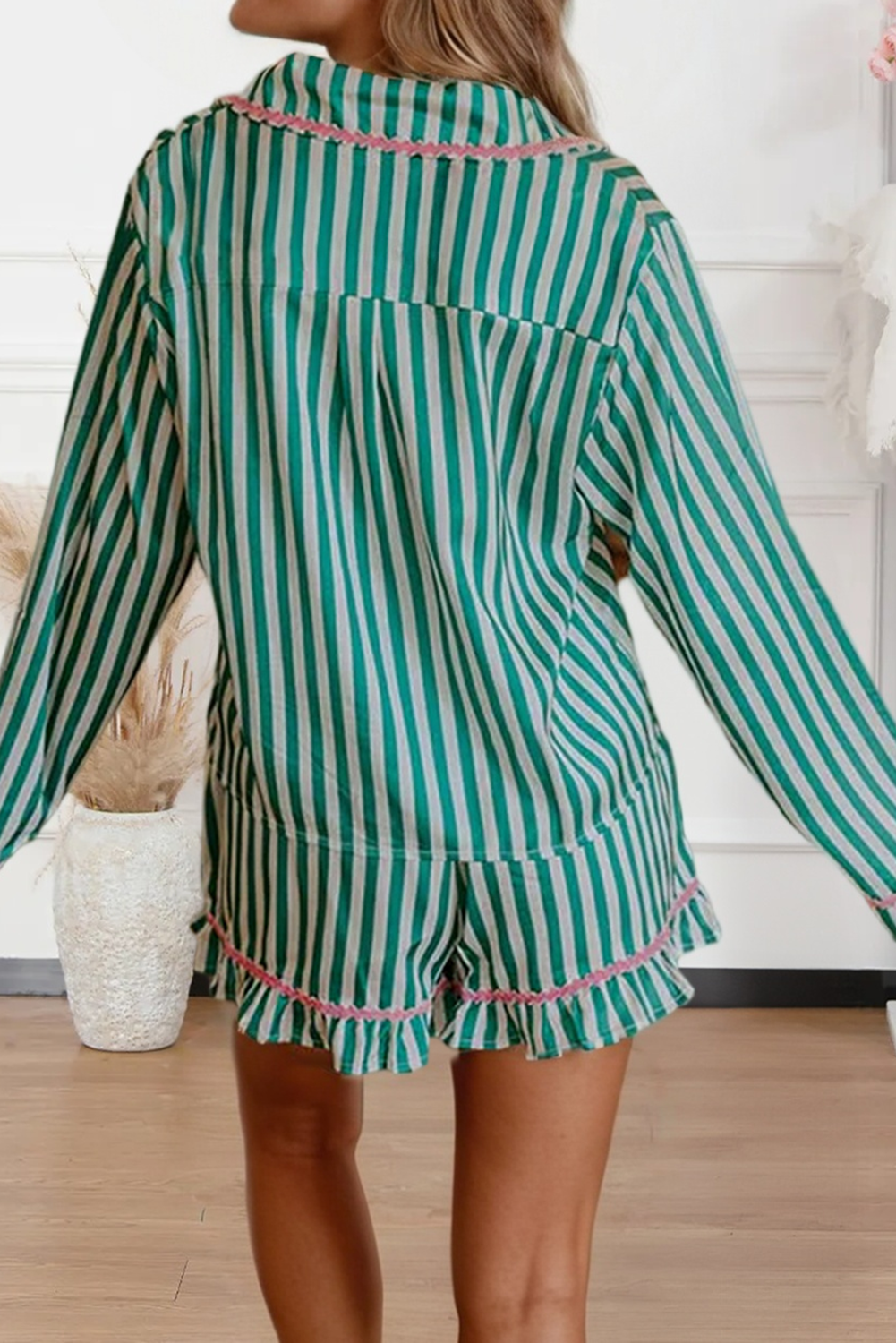 LDC Long Sleeve Shirt Ribbon Drawstring Pajama Short Set