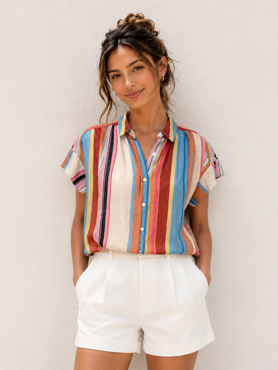 ✨ 24112918- Multi Stripe Tencel Blend Button-Up Blouse🛍️ 🌸