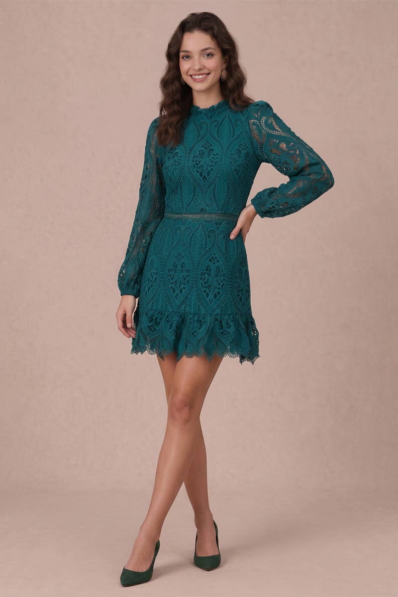 Lace Scallop Hem Puff Long Sleeve Mini Dress