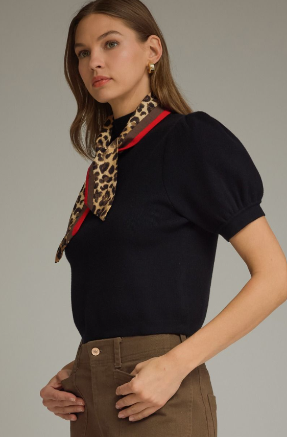 Solid short puff sleeve knit top