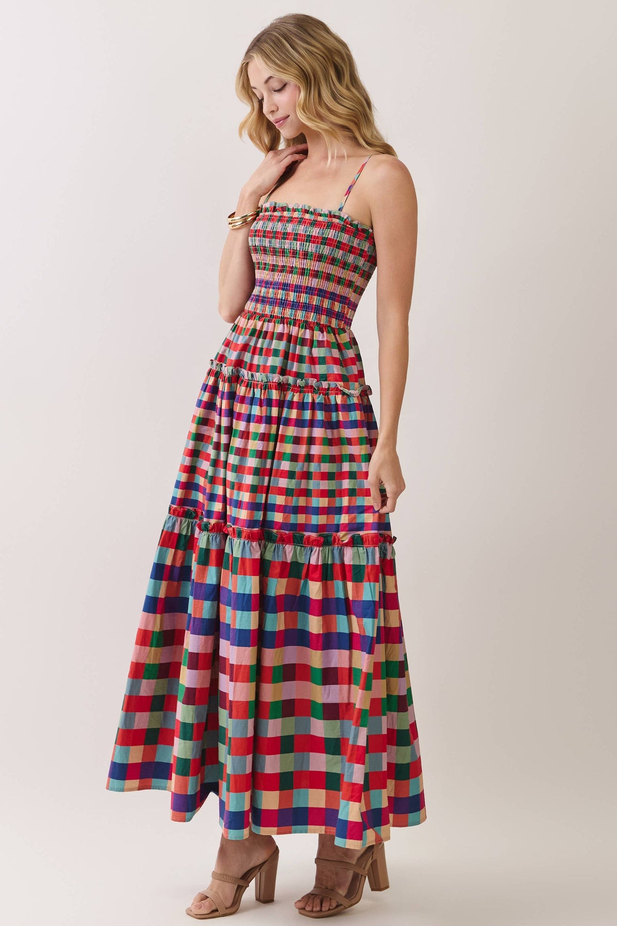 Smocked Bodice Plaid Tiered Maxi Dress