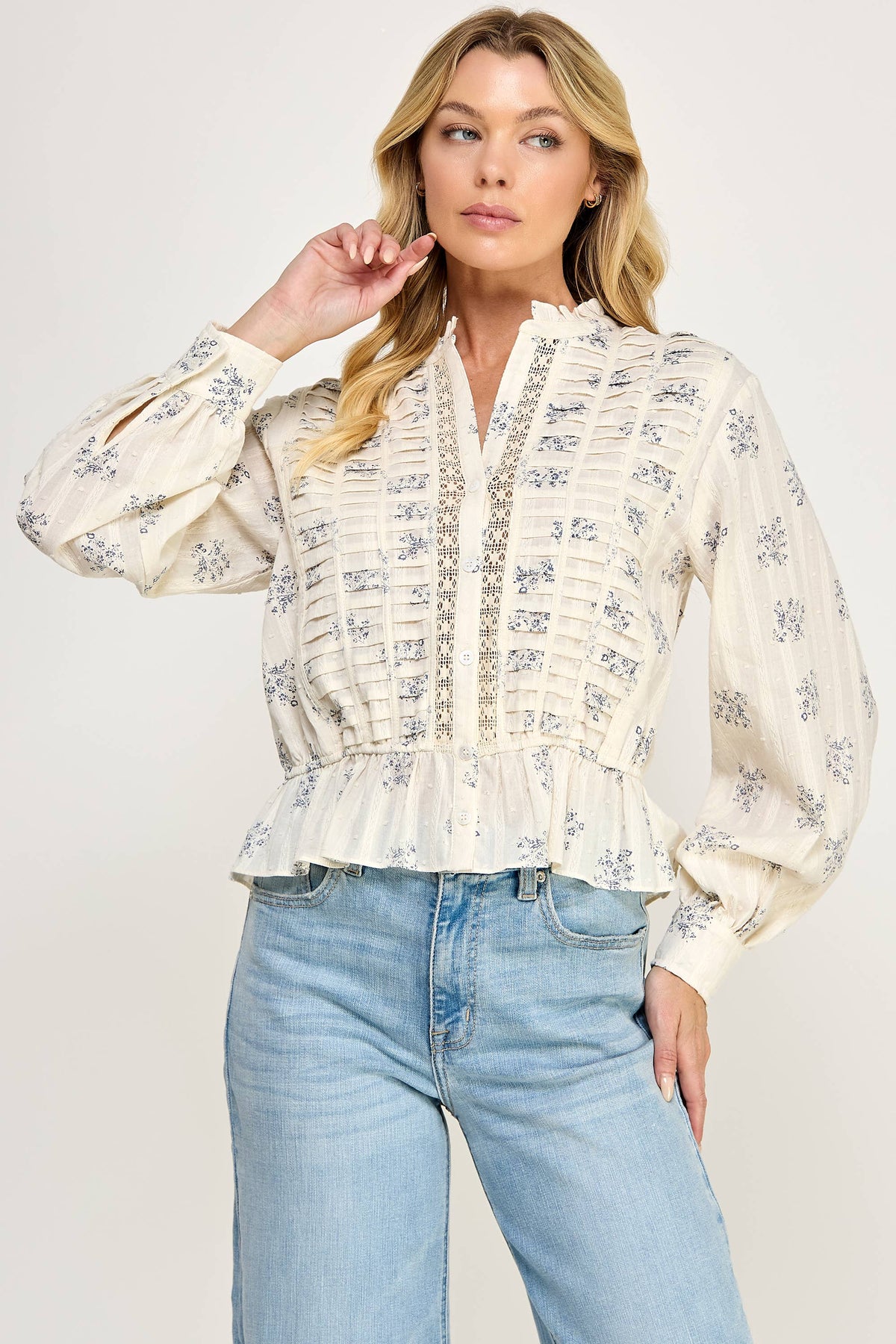 TT-10939-6 DITSY FLORAL LONG SLEEVE BLOUSE-IVORY BLUE