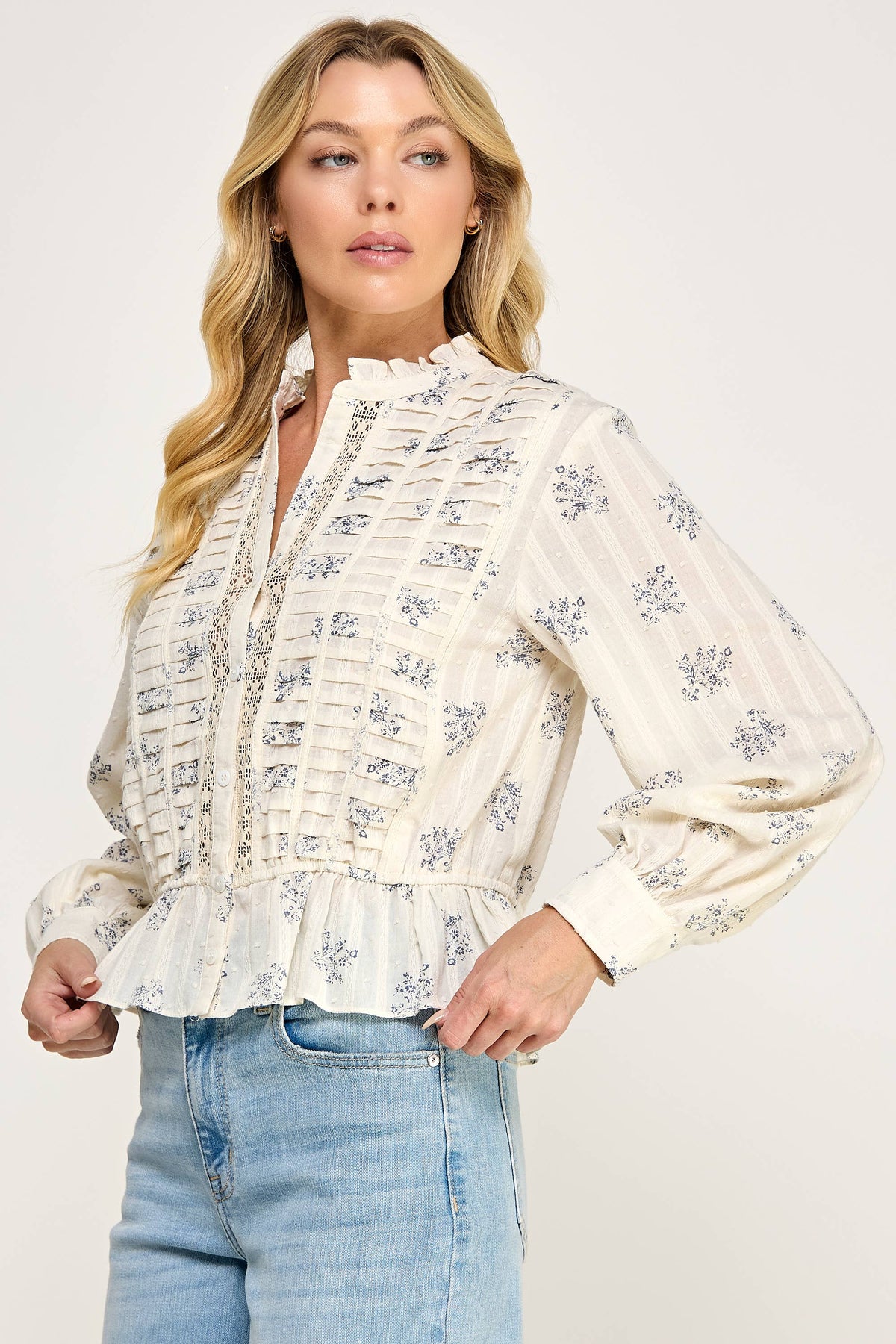 TT-10939-6 DITSY FLORAL LONG SLEEVE BLOUSE-IVORY BLUE