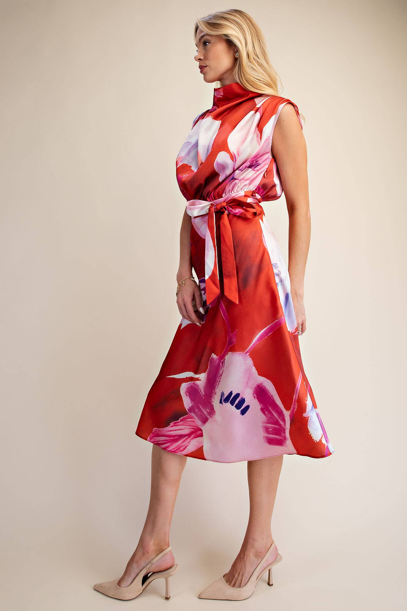 Floral Dress Cowl Neck Sleeveless Waist Tie Midi Satin