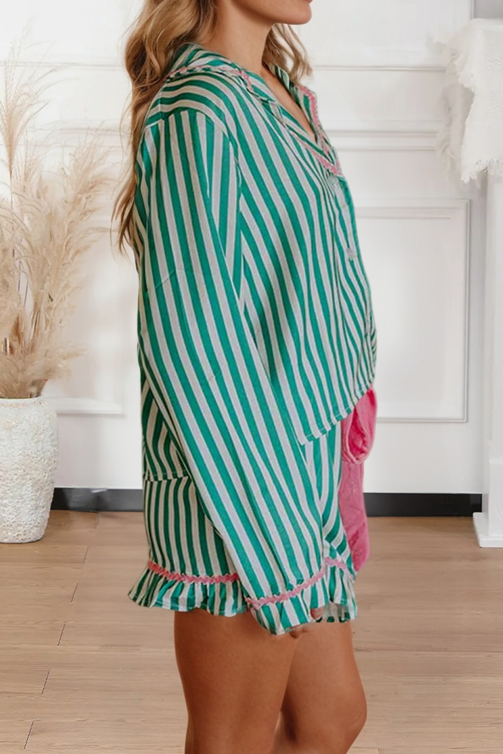 LDC Long Sleeve Shirt Ribbon Drawstring Pajama Short Set