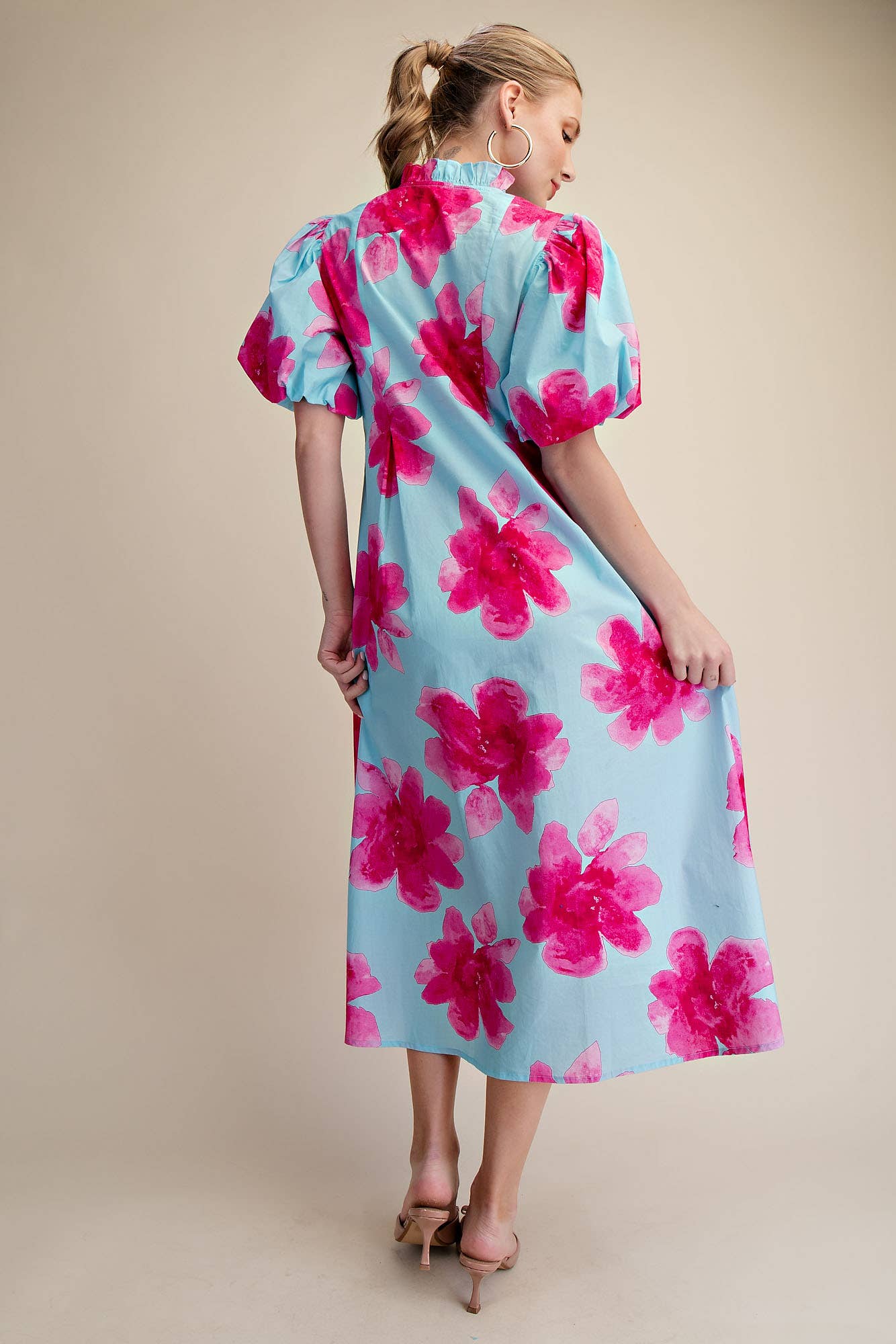 Ruffle V-Neck Puff Sleeve Waist Pleated Midi Dress