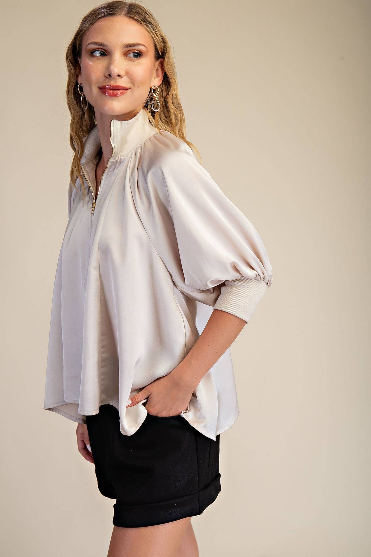 Mock Neck Band Half Zip Puff Elbow Sleeve Blouse