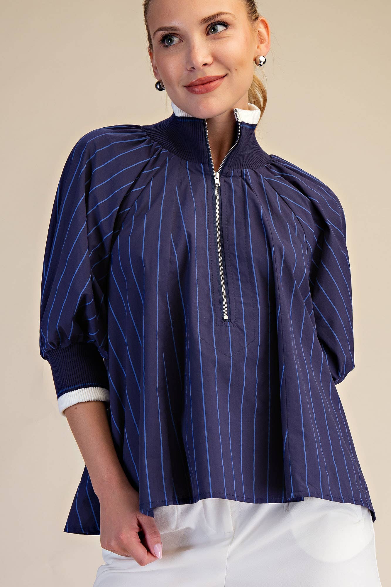Mock Neck Band Puff Sleeve Blouse