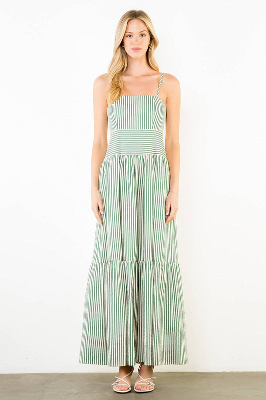 Thin Strap Striped Textured Tiered Dress