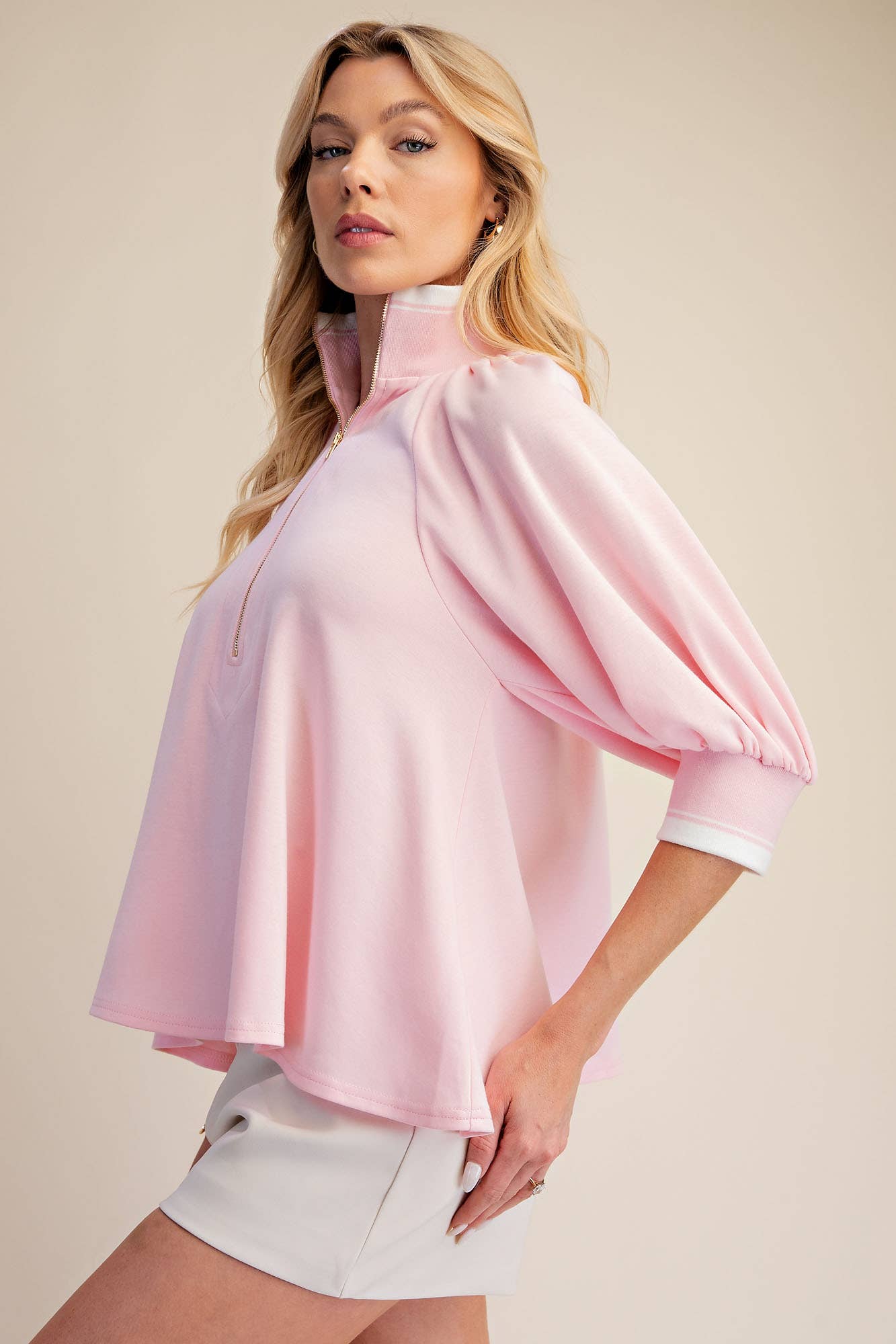 Mock Neck Half Zip Band Puff Sleeve Sweatshirt