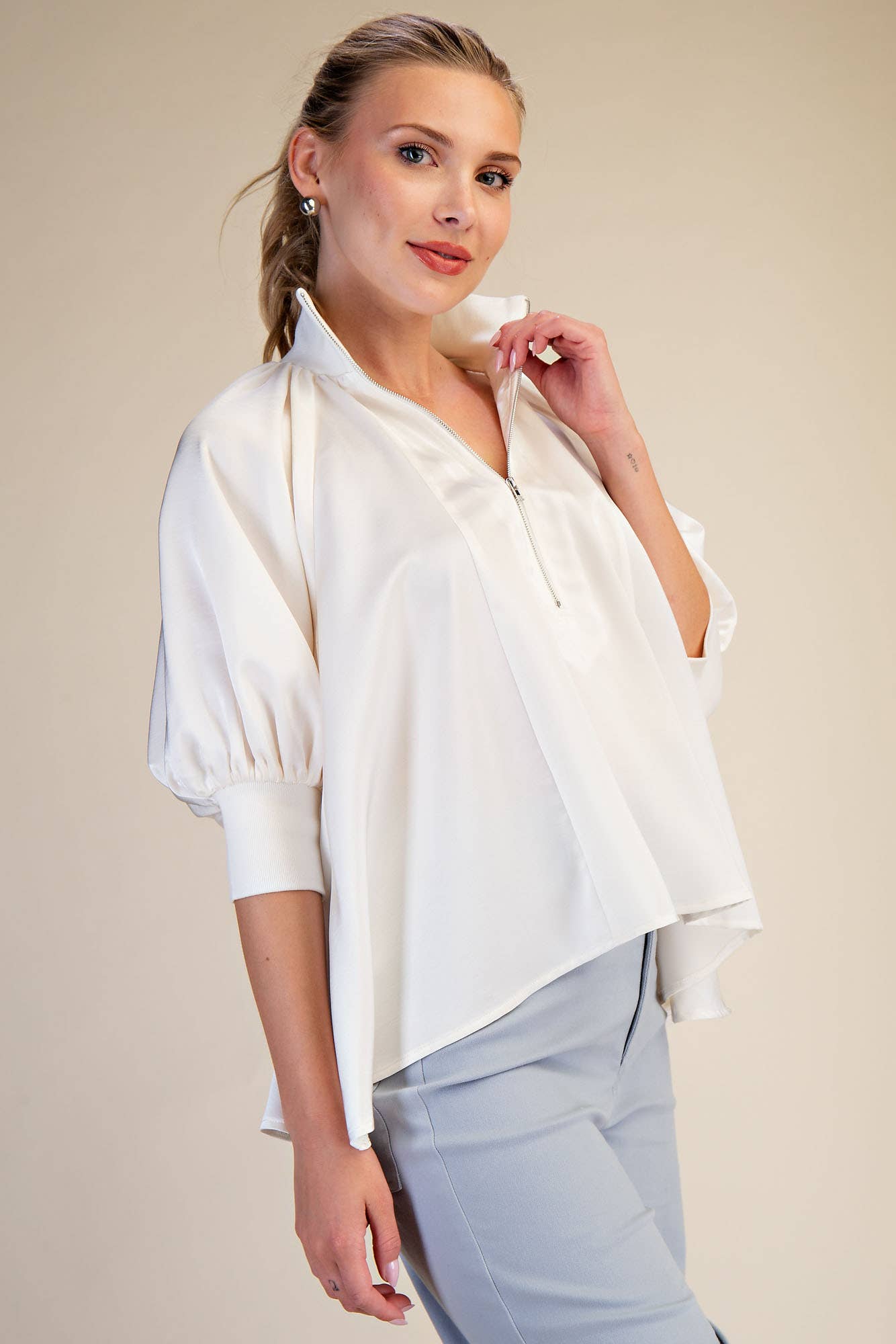 Mock Neck Band Puff Sleeve Elegance Blouse