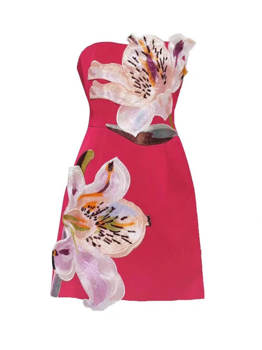 Women’s Strapless Dress with 3D Floral Beaded Detail