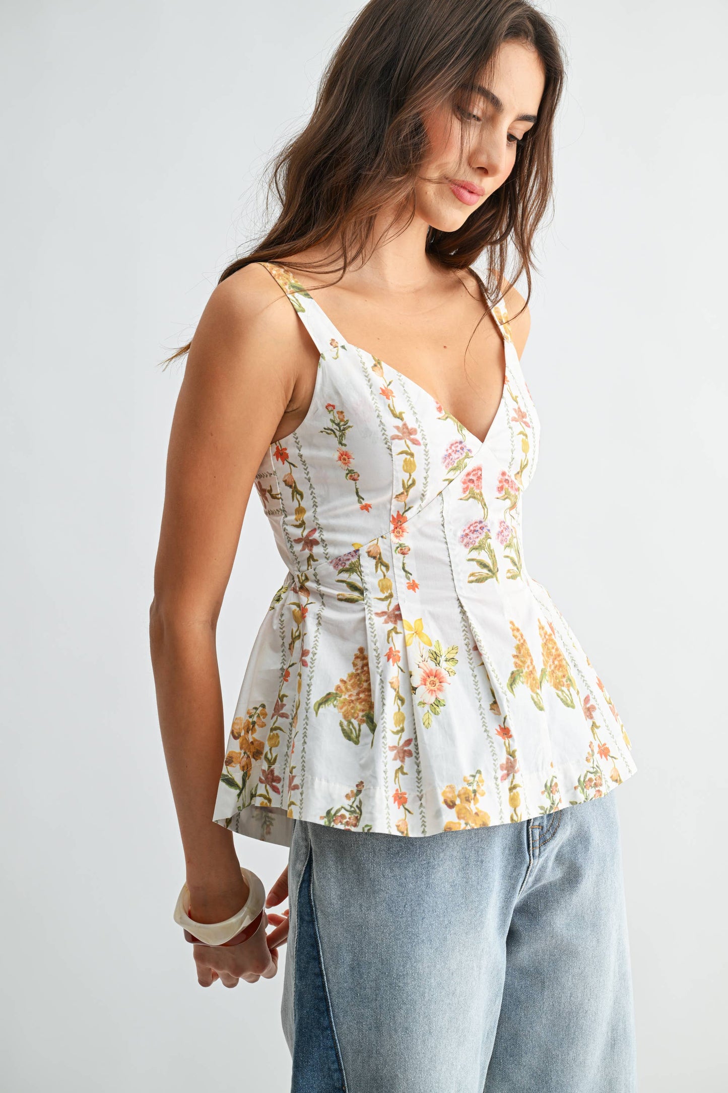 CST10067E Floral Print Peplum Top with Adjustable Straps
