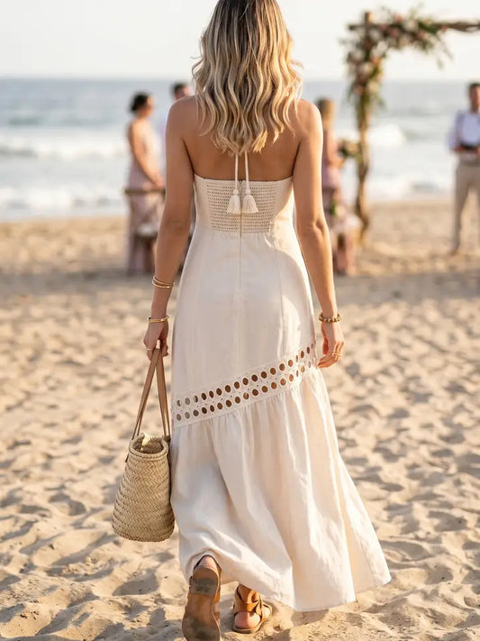 Cutwork Lace Trimmed Maxi Dress with Halter Neckline