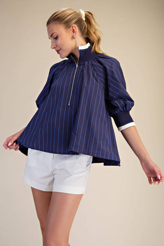 Mock Neck Band Puff Sleeve Blouse