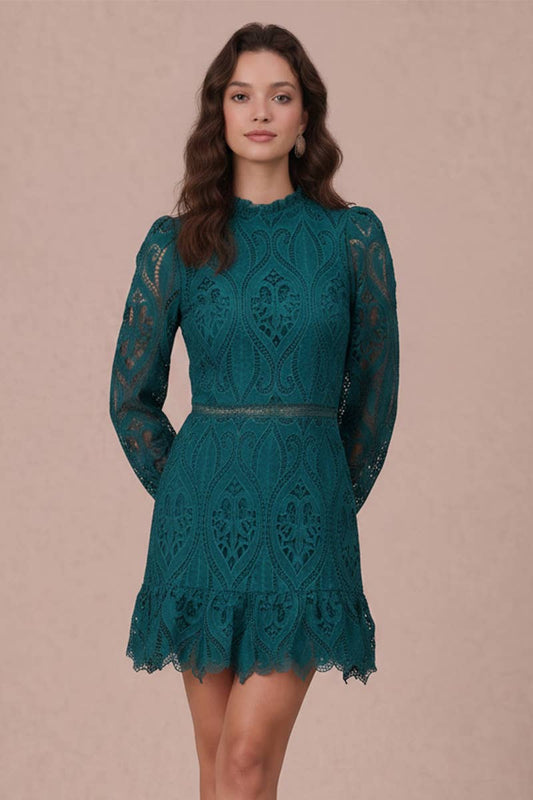 Lace Scallop Hem Puff Long Sleeve Mini Dress