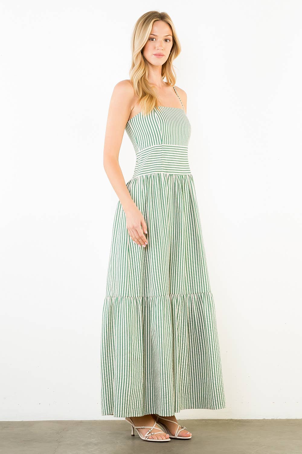 Thin Strap Striped Textured Tiered Dress