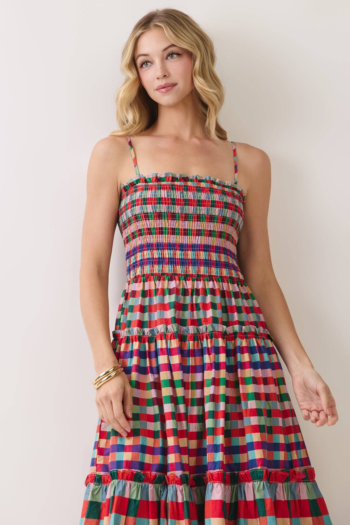 Smocked Bodice Plaid Tiered Maxi Dress