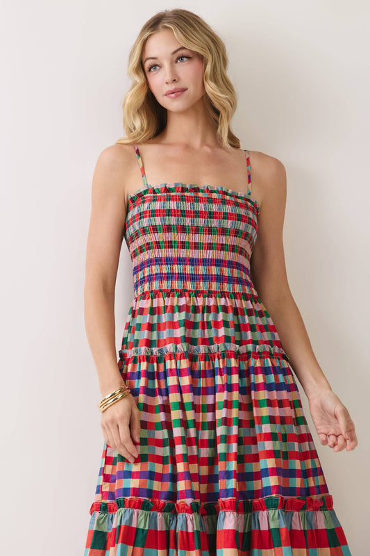 Smocked Bodice Plaid Tiered Maxi Dress