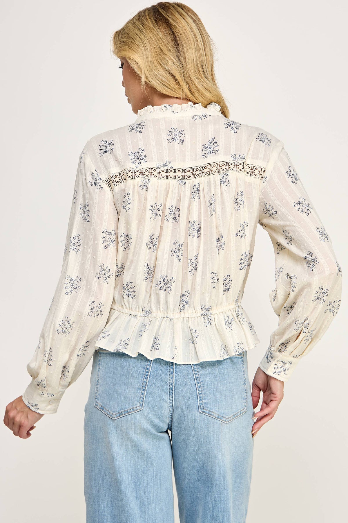 TT-10939-6 DITSY FLORAL LONG SLEEVE BLOUSE-IVORY BLUE