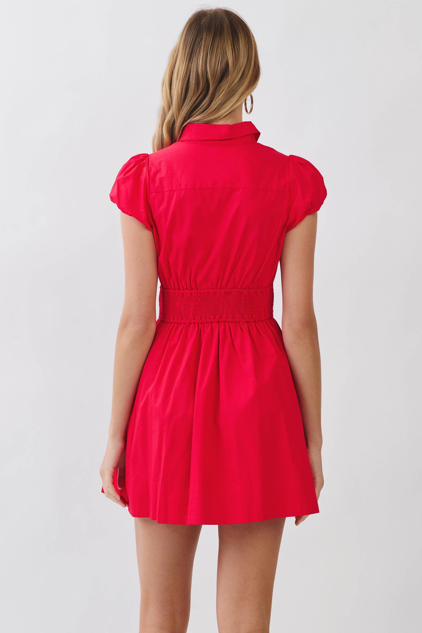 Puff Sleeve Shirt Mini Dress with Attached Tie Belt