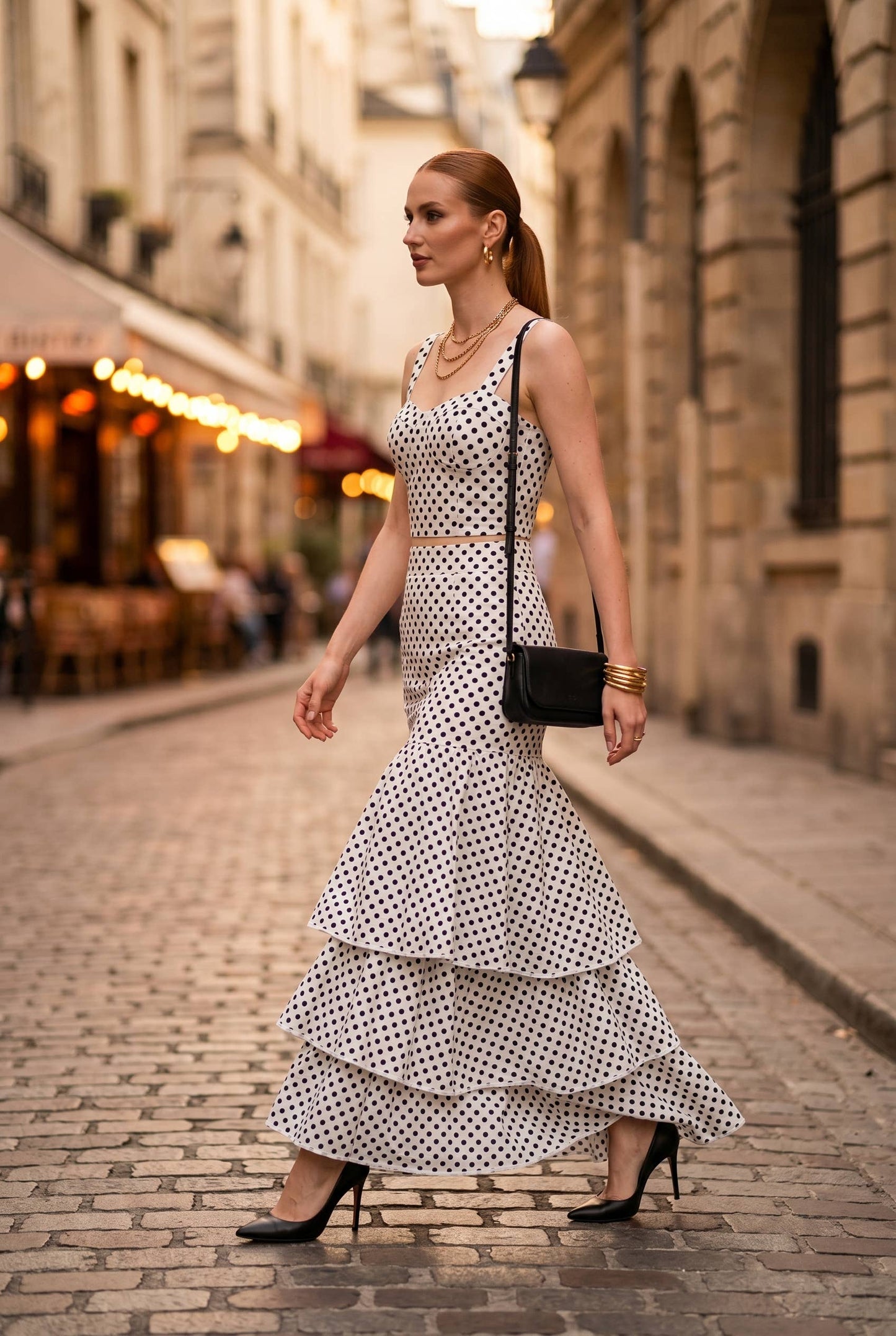 Dot Printed Crop Top & Tiered Maxi Skirt Set