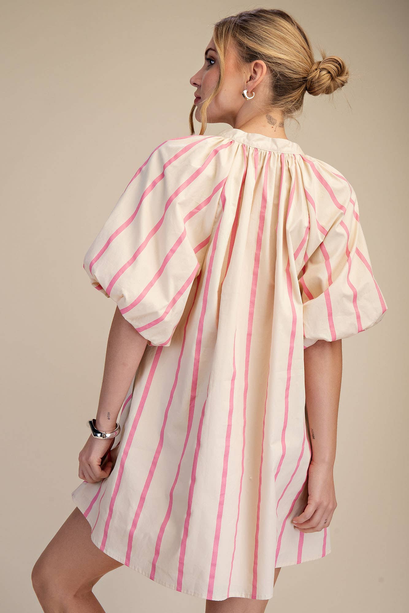 Puff-Sleeve Stripe Mini Shift Dress