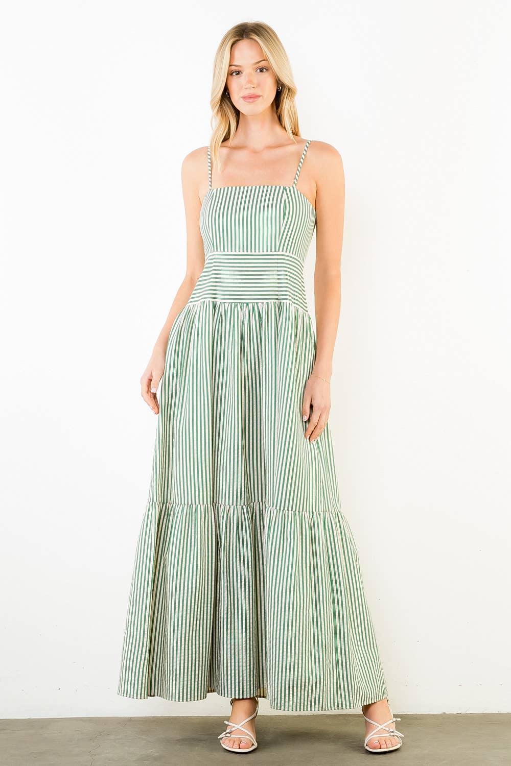 Thin Strap Striped Textured Tiered Dress