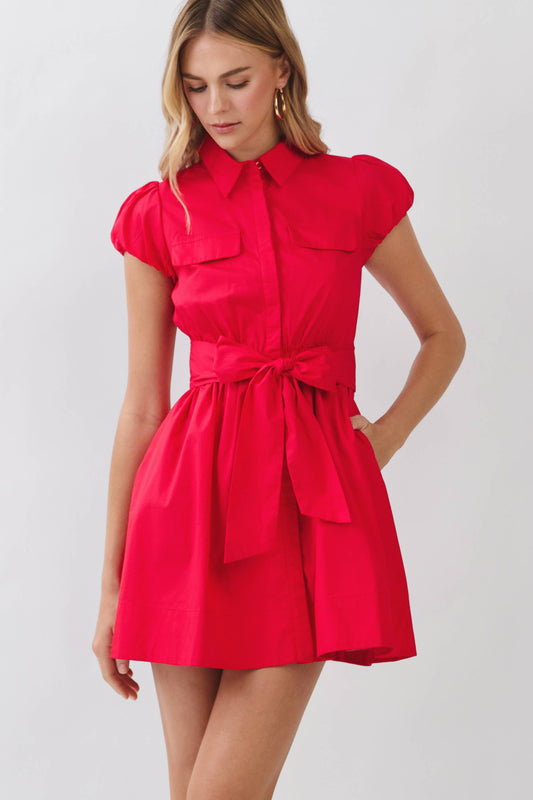 Puff Sleeve Shirt Mini Dress with Attached Tie Belt