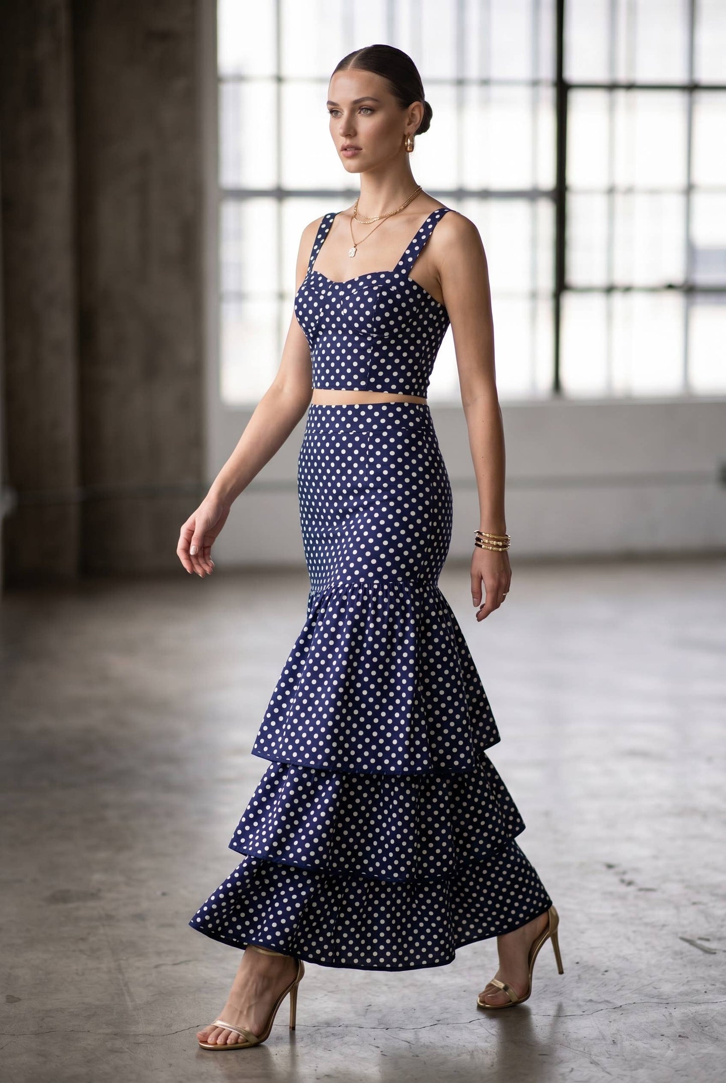 Dot Printed Crop Top & Tiered Maxi Skirt Set