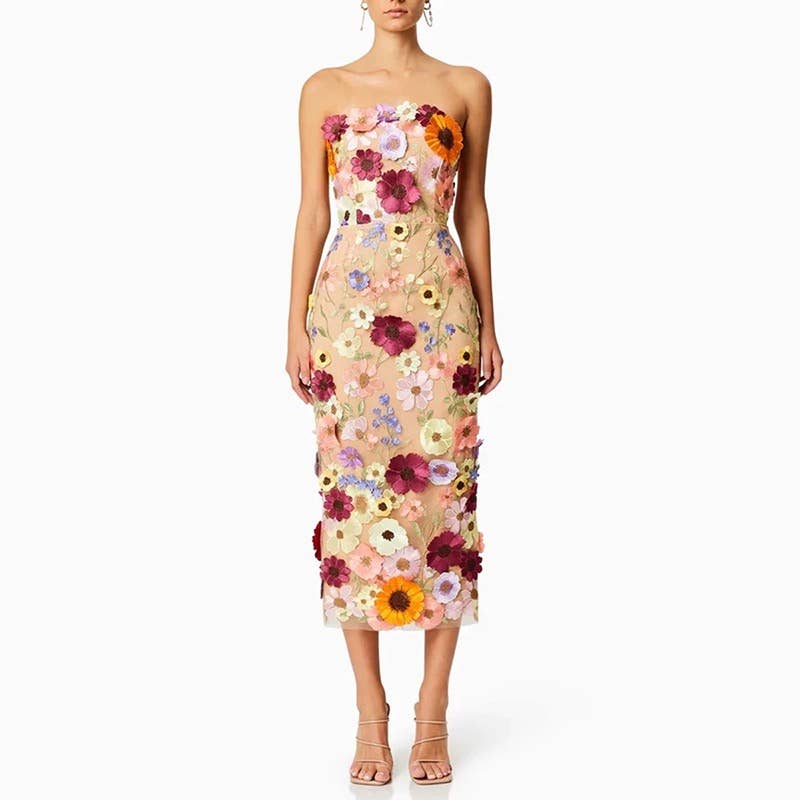 Floral Embroidered Slim Tube Dress