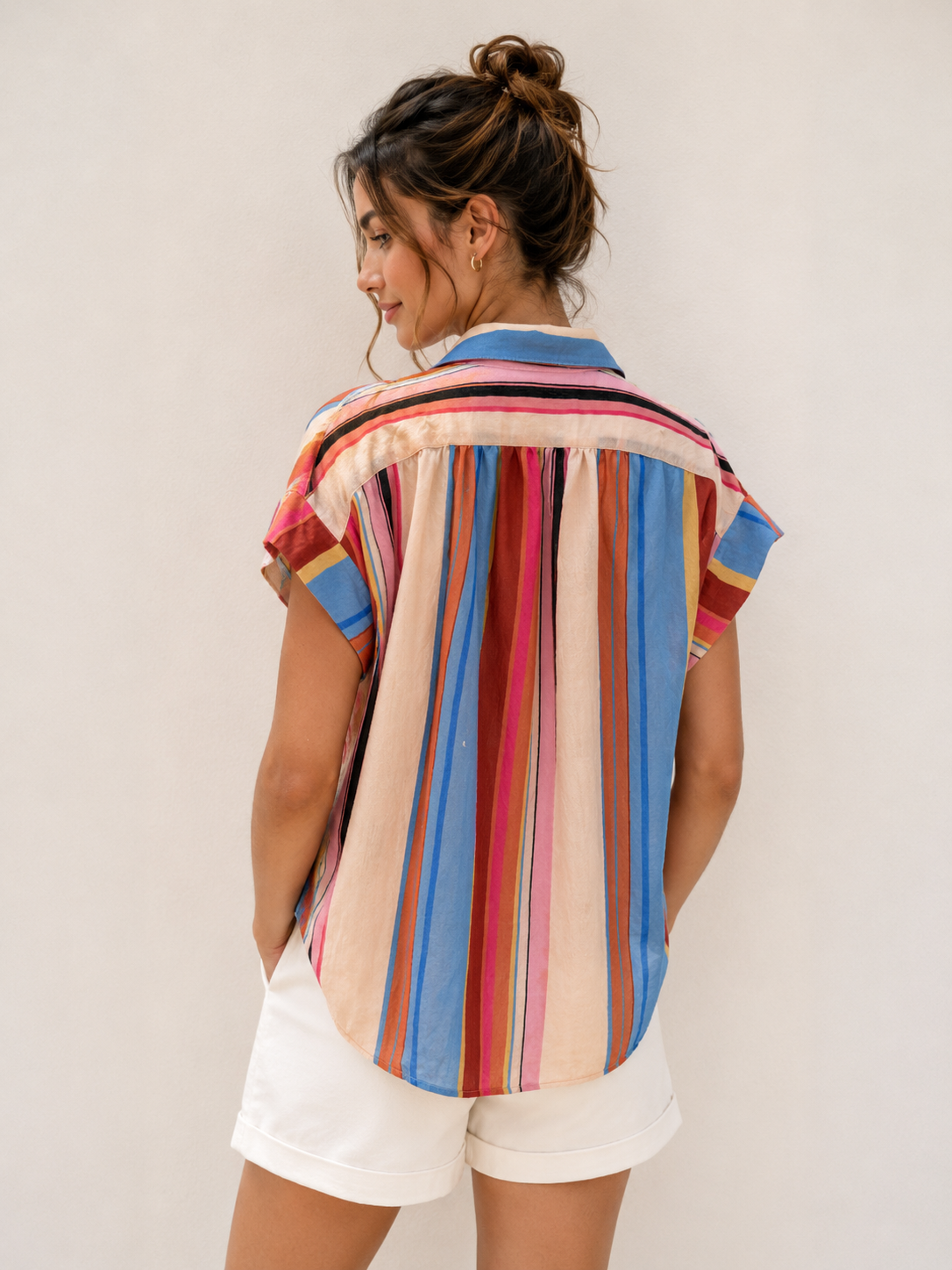 ✨ 24112918- Multi Stripe Tencel Blend Button-Up Blouse🛍️ 🌸