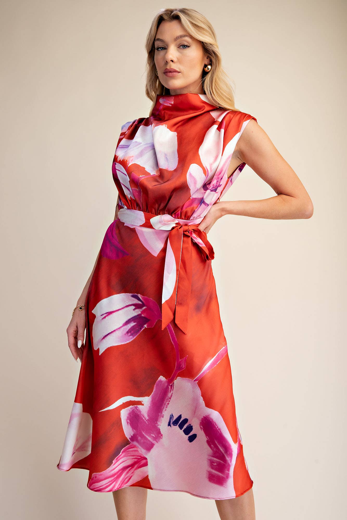 Floral Dress Cowl Neck Sleeveless Waist Tie Midi Satin