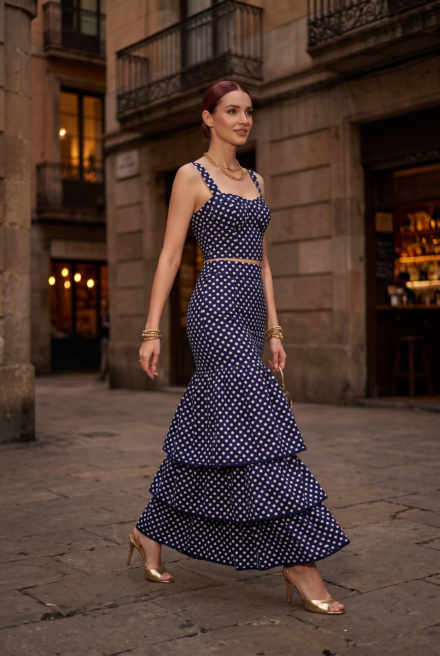 Dot Printed Crop Top & Tiered Maxi Skirt Set