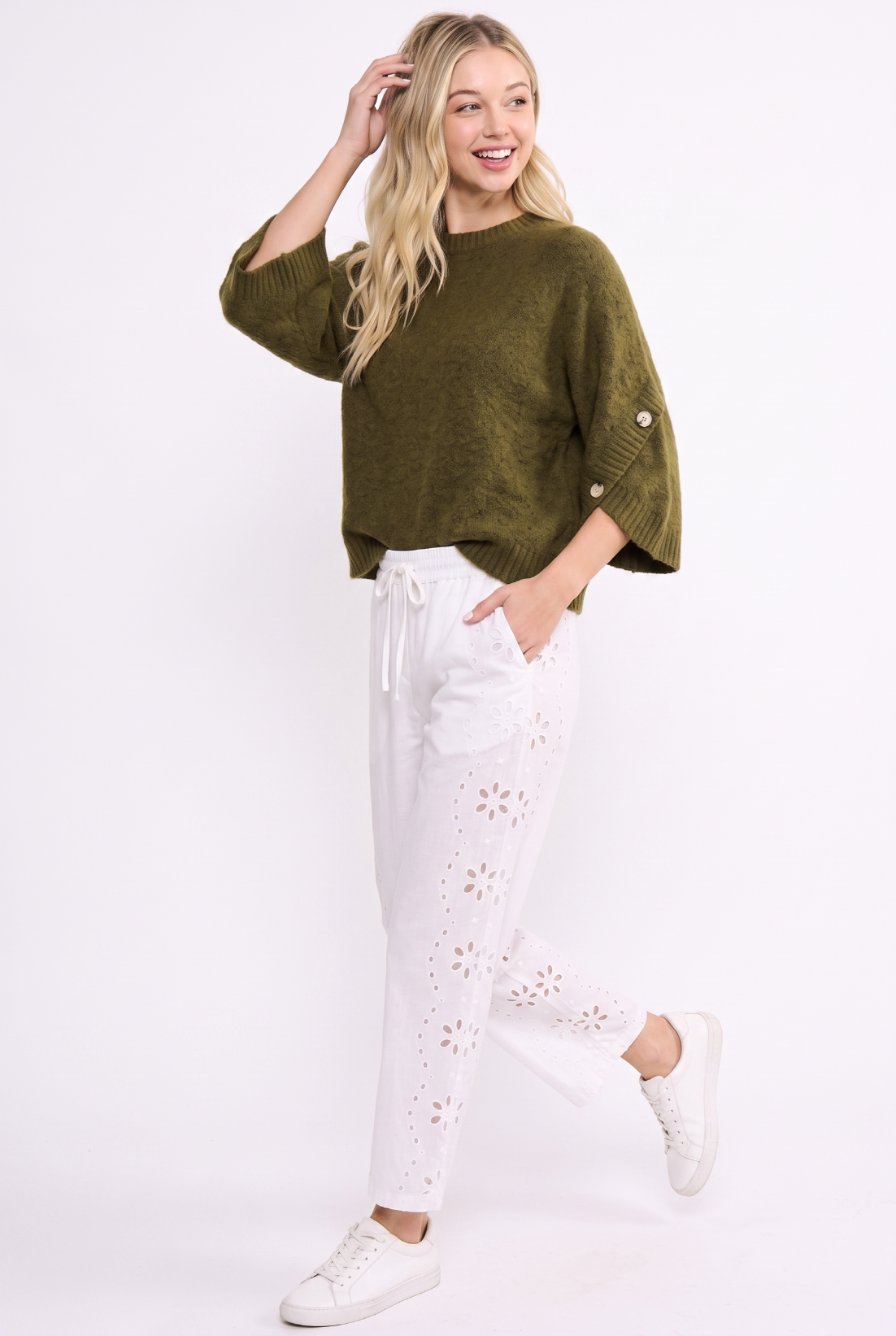 BUTTON SLEEVE KNIT PULLOVER